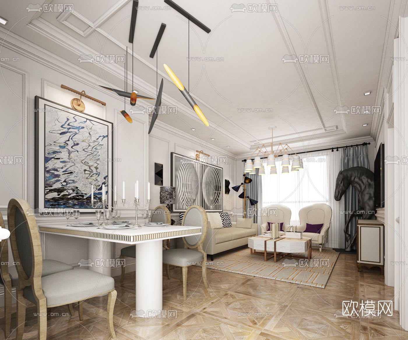 简欧客厅餐厅3D模型-免费3dmax模型库-欧模网