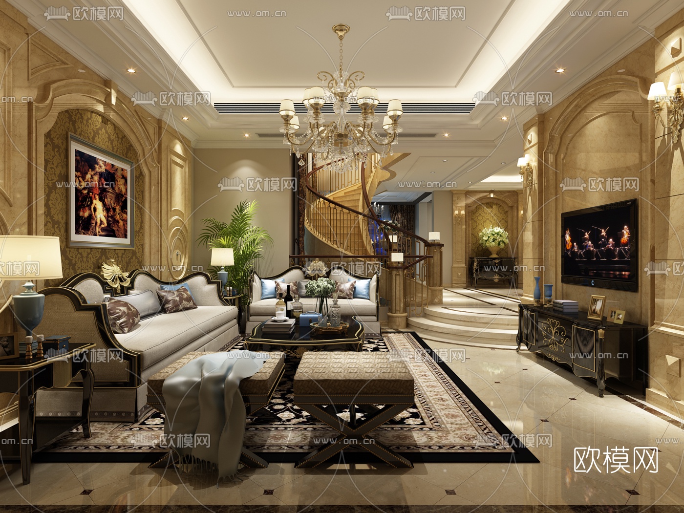 欧式客厅餐厅组合3D模型下载（渲染图1）