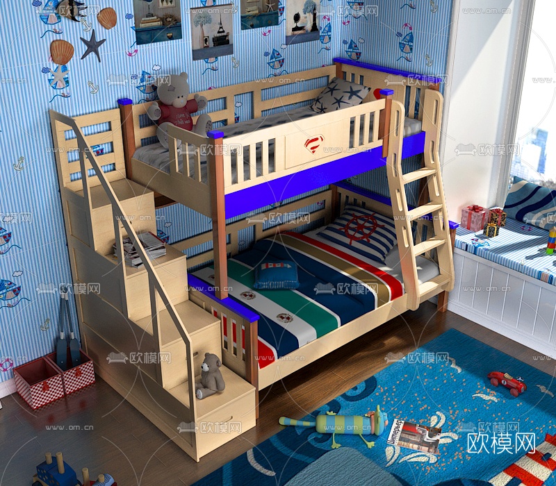 地中海实木儿童上下床3d模型下载