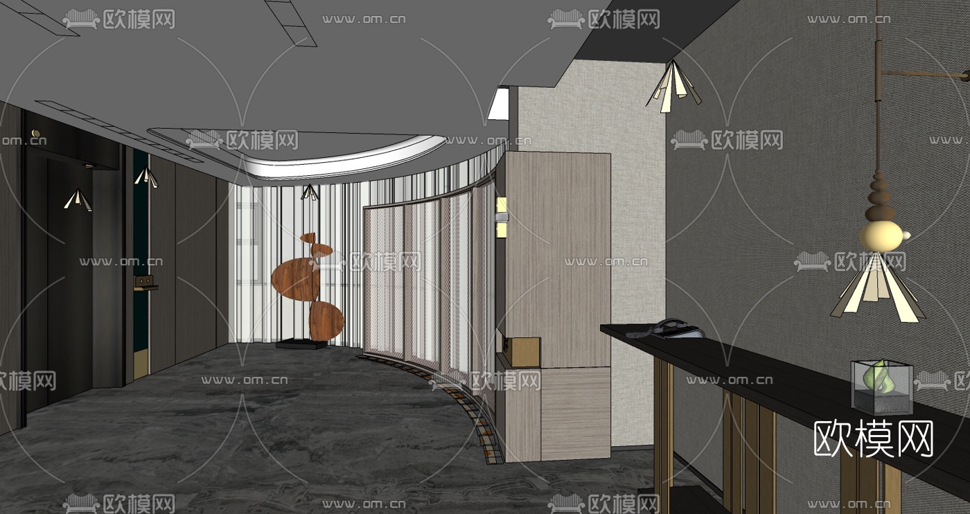 新中式酒店过道su模型下载（渲染图3）