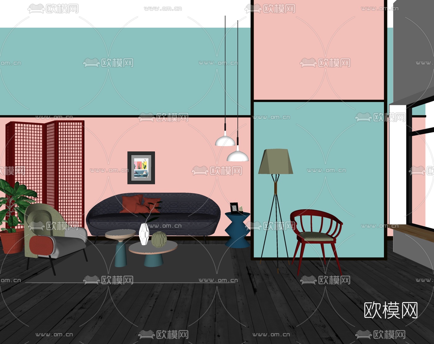 北欧沙发组合su模型下载（渲染图1）
