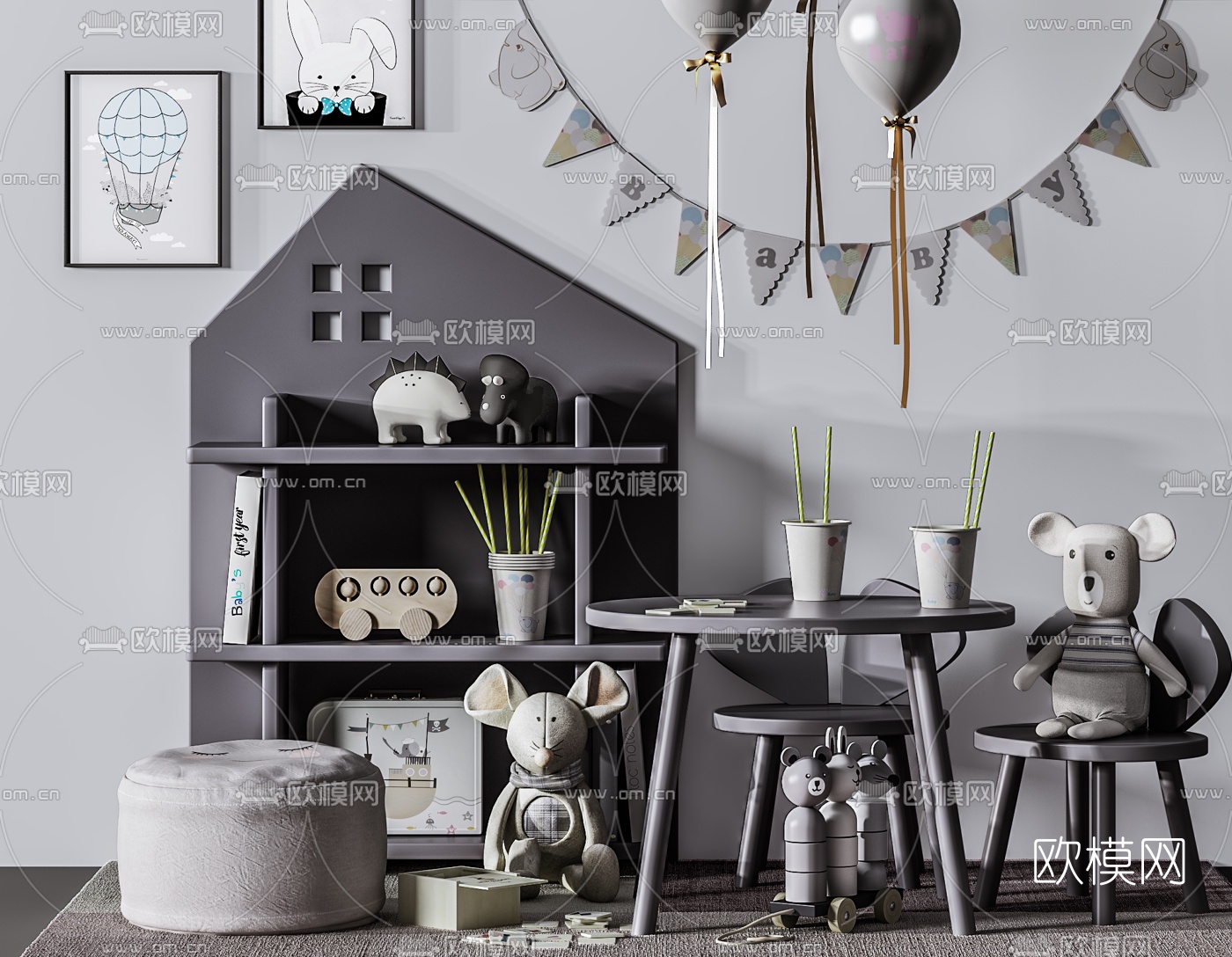 现代儿童桌椅组合3d模型下载（渲染图2）