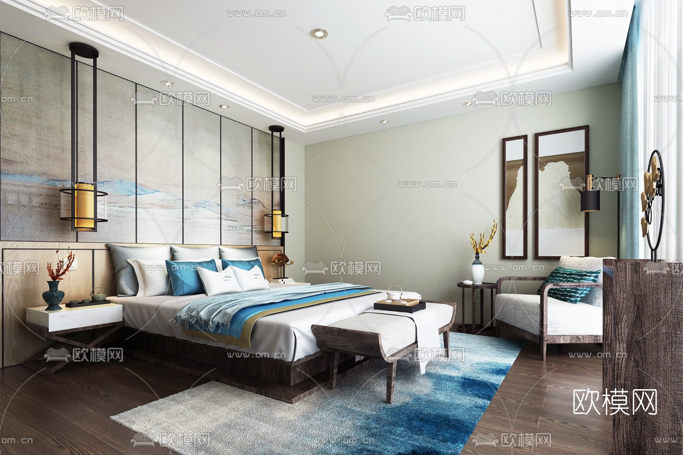 极尚设计新中式卧室3D模型下载