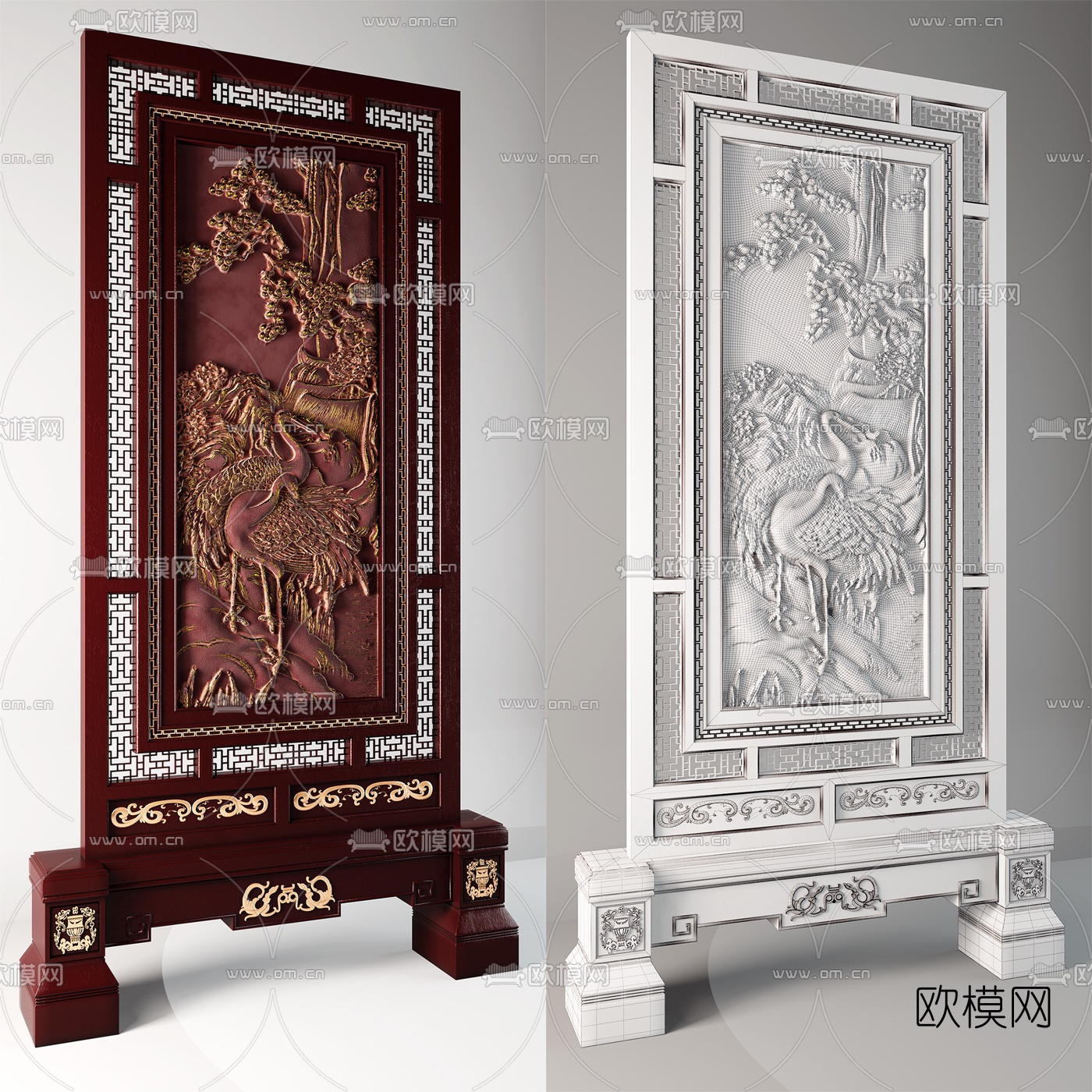 中式实木雕花白鹤屏风3D模型下载