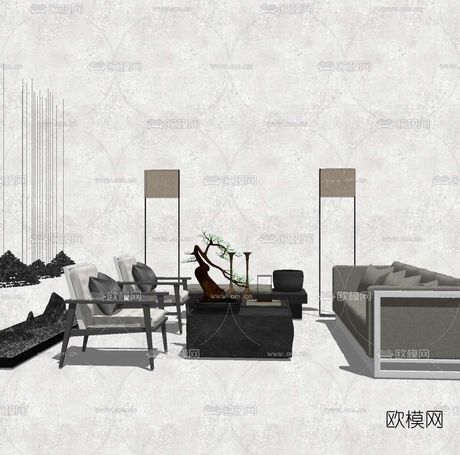 新中式布艺沙发组合su模型下载（渲染图2）