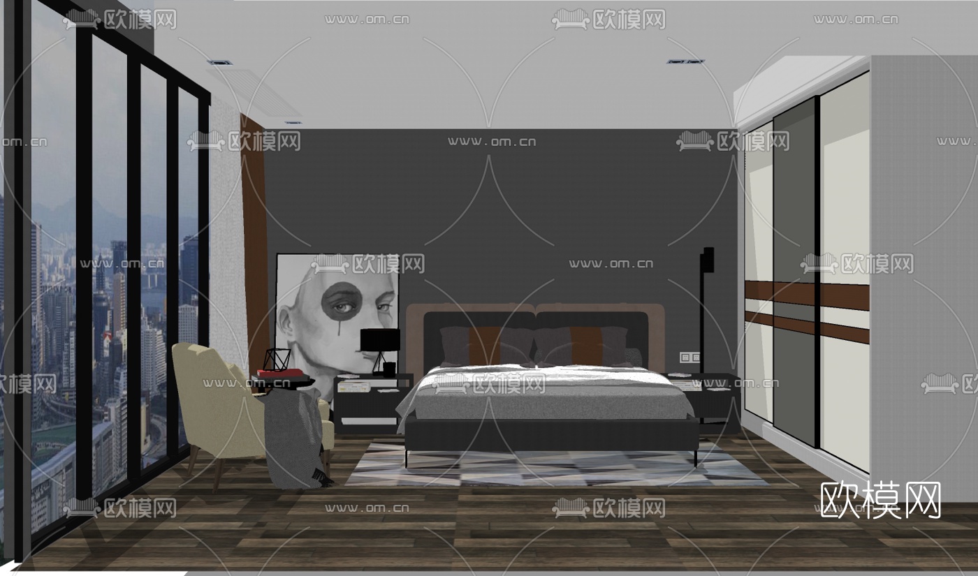 现代卧室su模型下载（渲染图1）