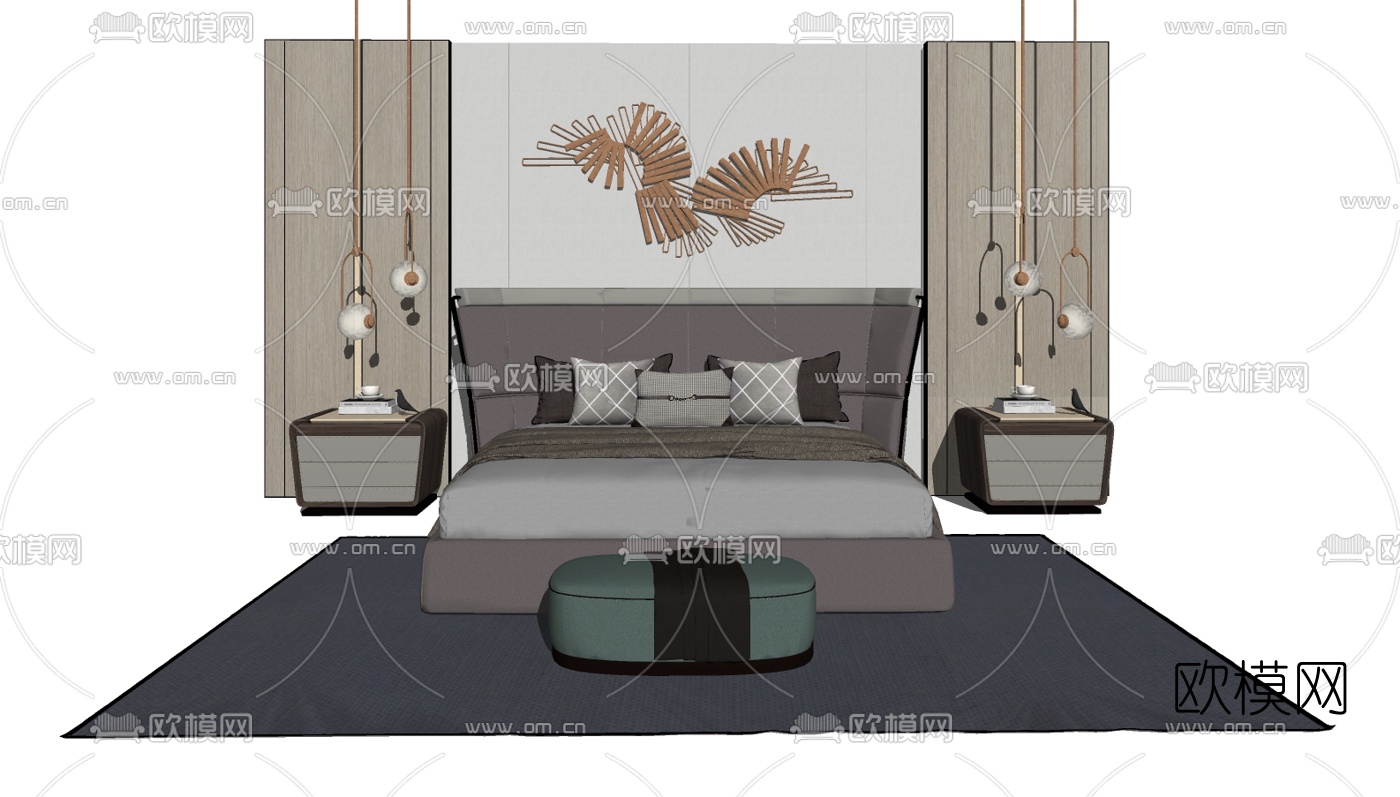 现代布艺双人床su模型下载（渲染图2）