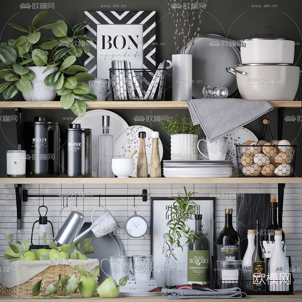 现代厨具餐具调料瓶食物组合3d模型下载（渲染图1）