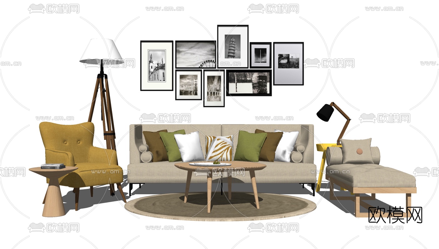 北欧沙发茶几组合免费su模型下载