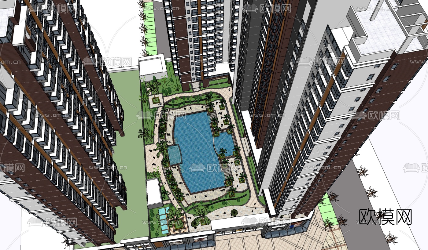 现代商住综合楼su模型下载（渲染图1）