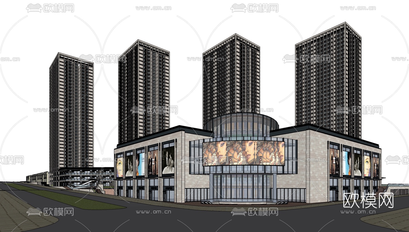 现代商业街su模型下载（渲染图1）