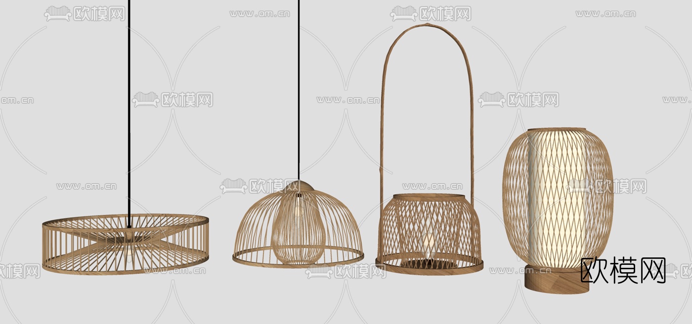 新中式藤编吊灯组合su模型下载