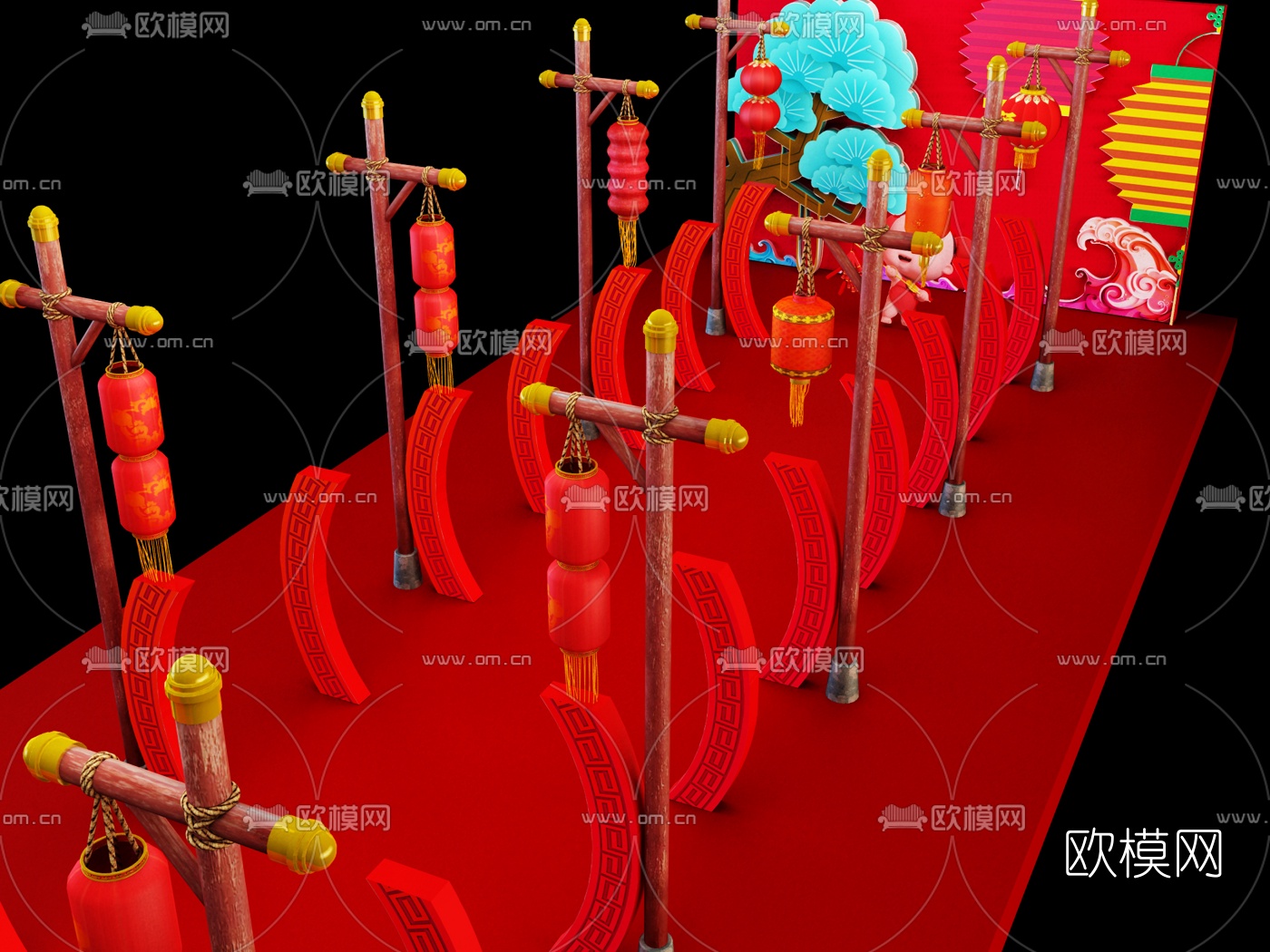 中式舞台布景走廊3d模型