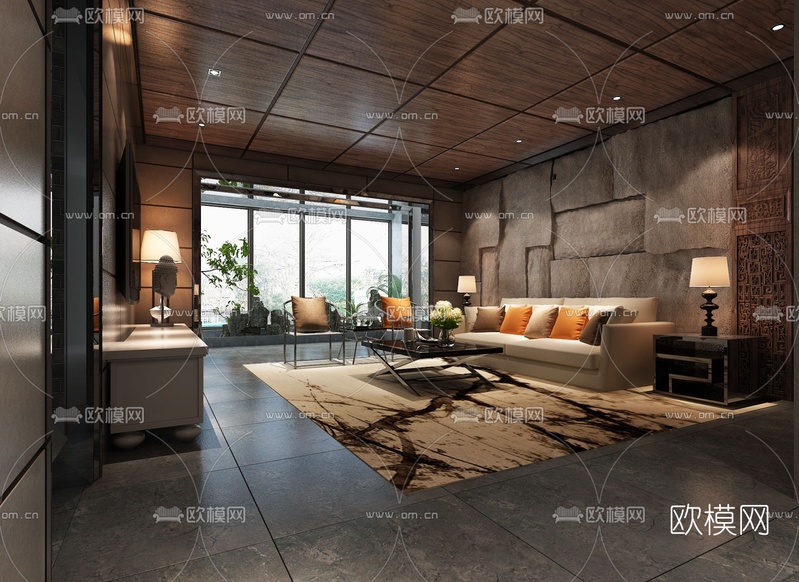 新中式客厅餐厅玄关3D模型下载(渲染图3)