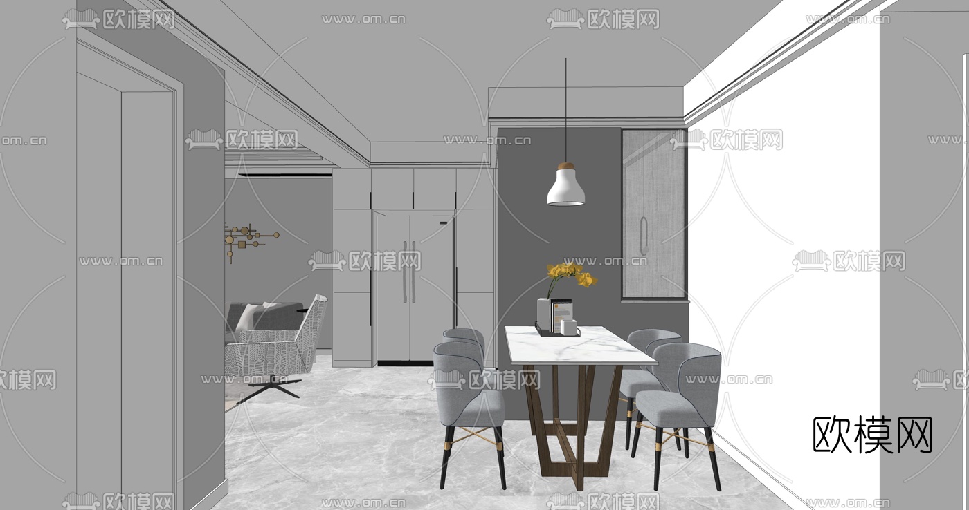 现代高级灰客厅餐厅su模型下载（渲染图2）