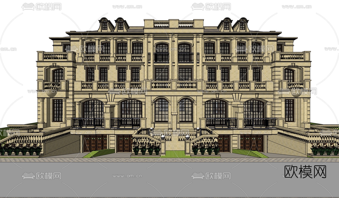 欧式古典连排别墅su模型下载（渲染图1）
