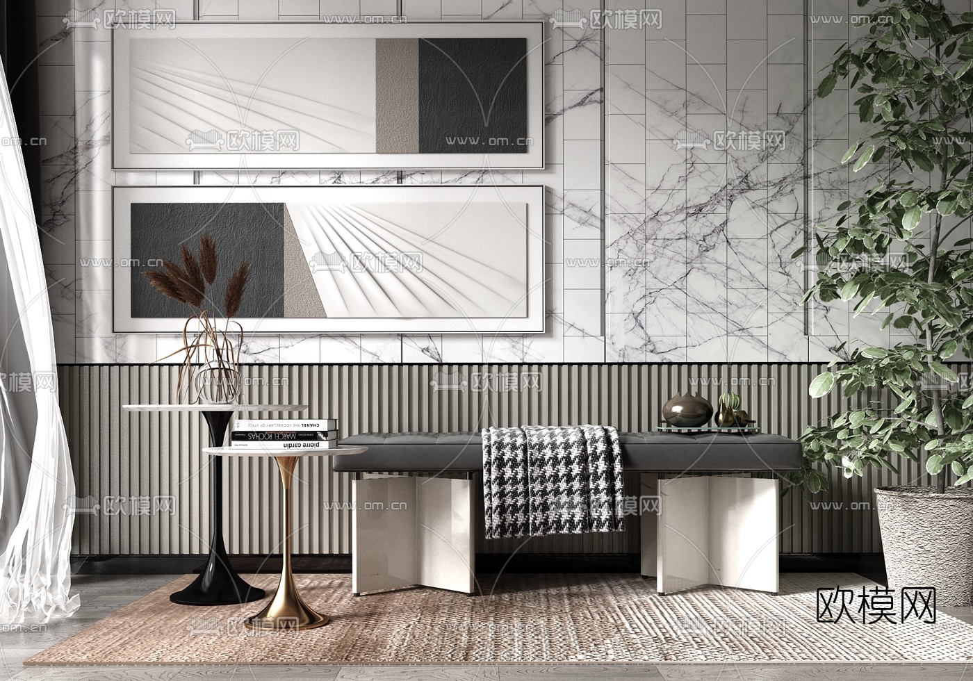 现代布艺沙发凳su模型下载（渲染图1）