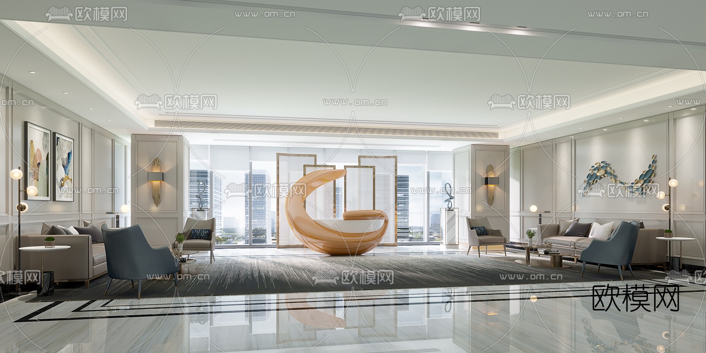 现代会所休息区3d模型下载