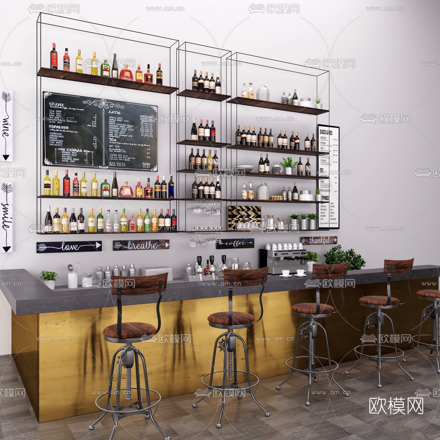 工业风吧台吧台椅3d模型下载（渲染图2）