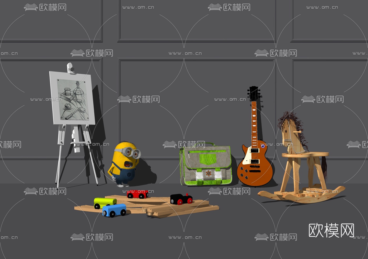 现代玩具木马小黄人画板吉他su模型下载