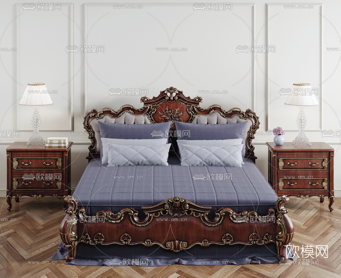 法式实木双人床床头柜摆件组合3D模型下载