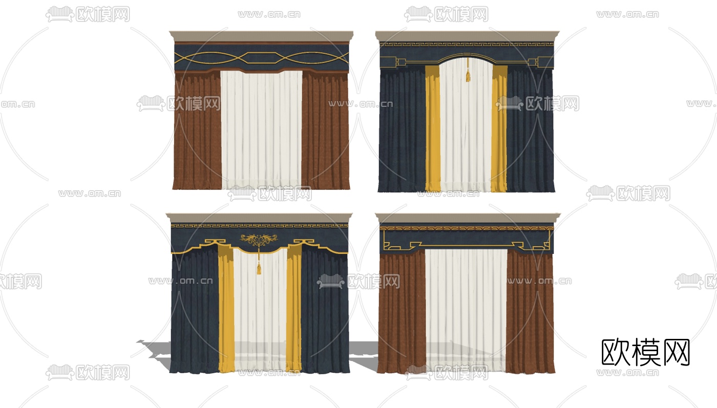 新中式布艺窗帘组合su模型下载（渲染图2）