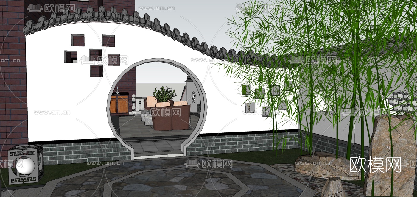 新中式庭院花园设计su模型下载（渲染图9）