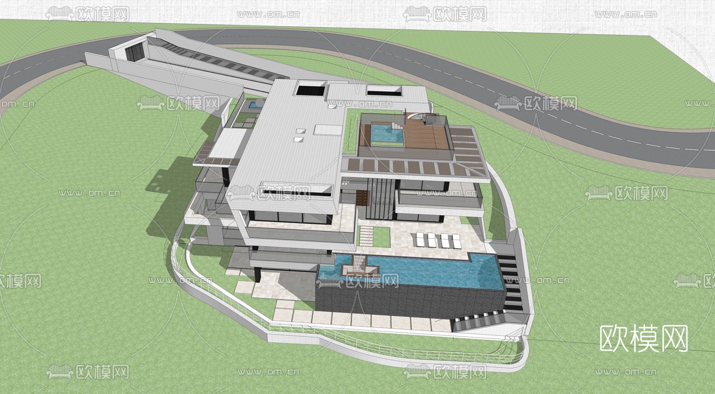 现代独栋别墅外观夜景su模型下载（渲染图4）