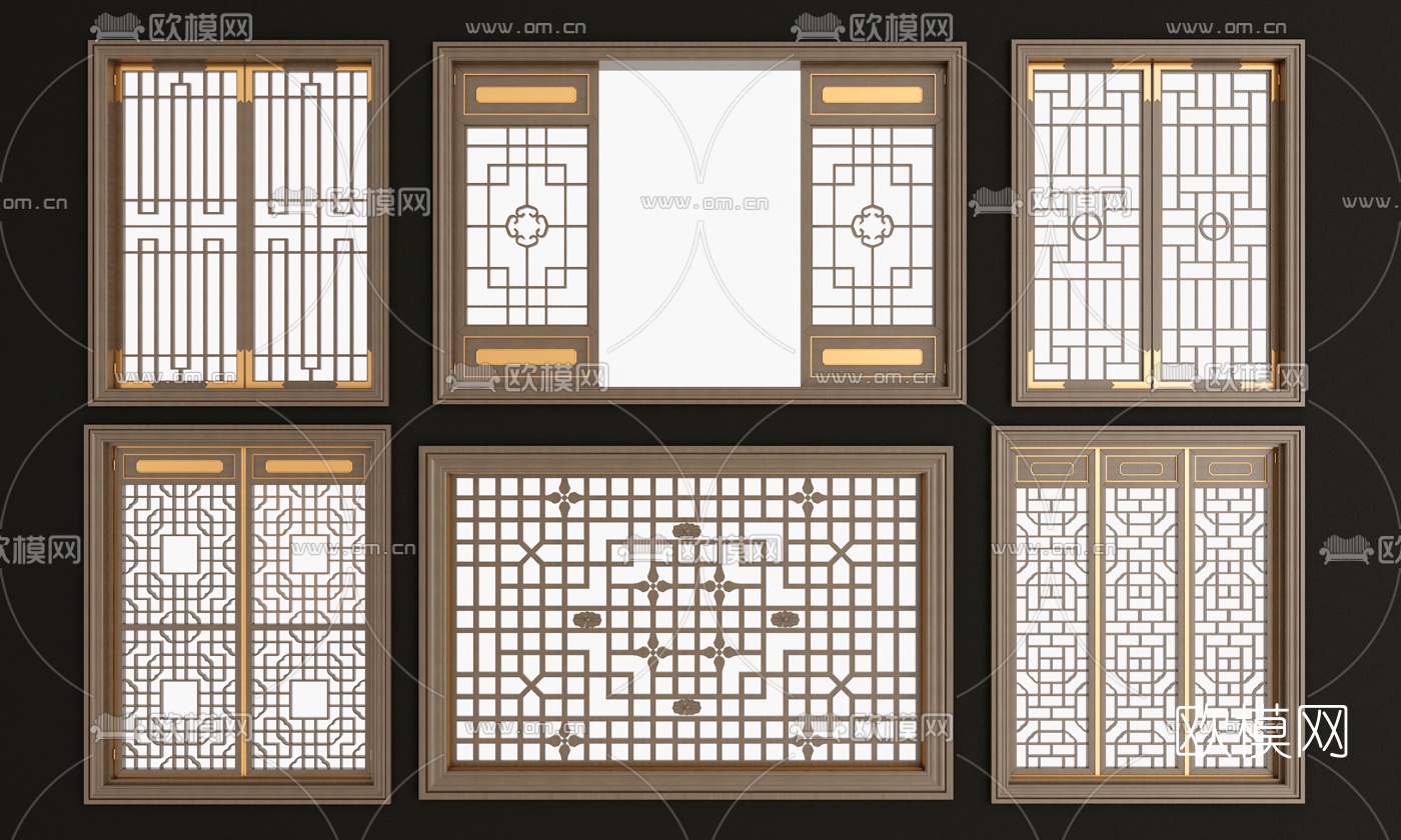 新中式實木花格鏤花窗3d模型