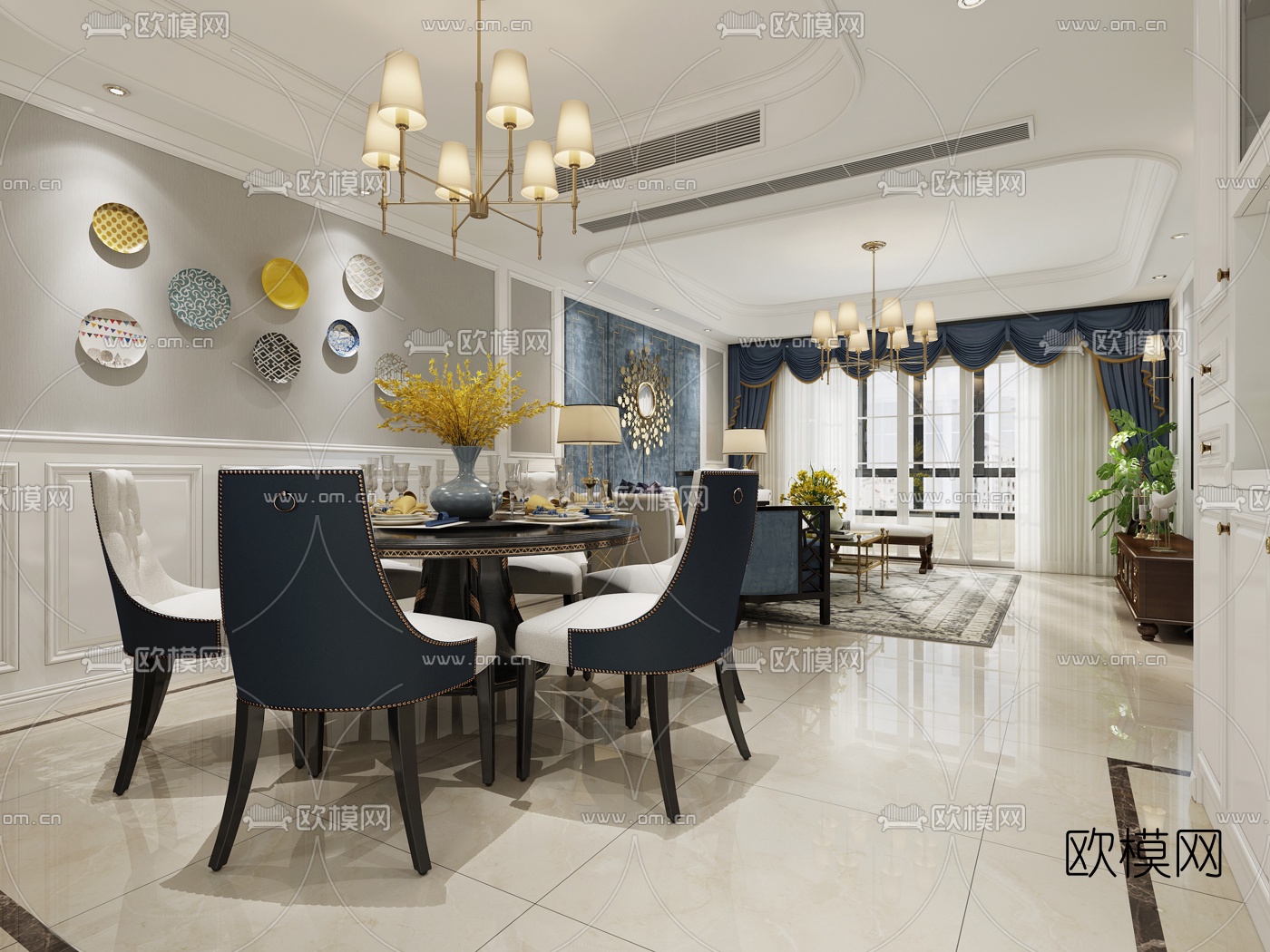 欧式客厅餐厅3D模型下载（渲染图2）