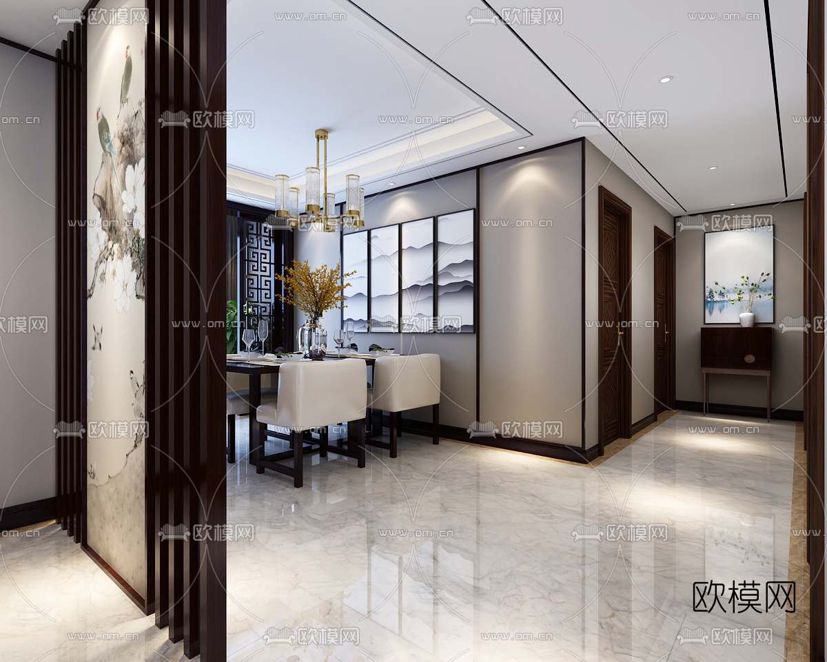 中式客厅餐厅走廊3D模型下载（渲染图4）