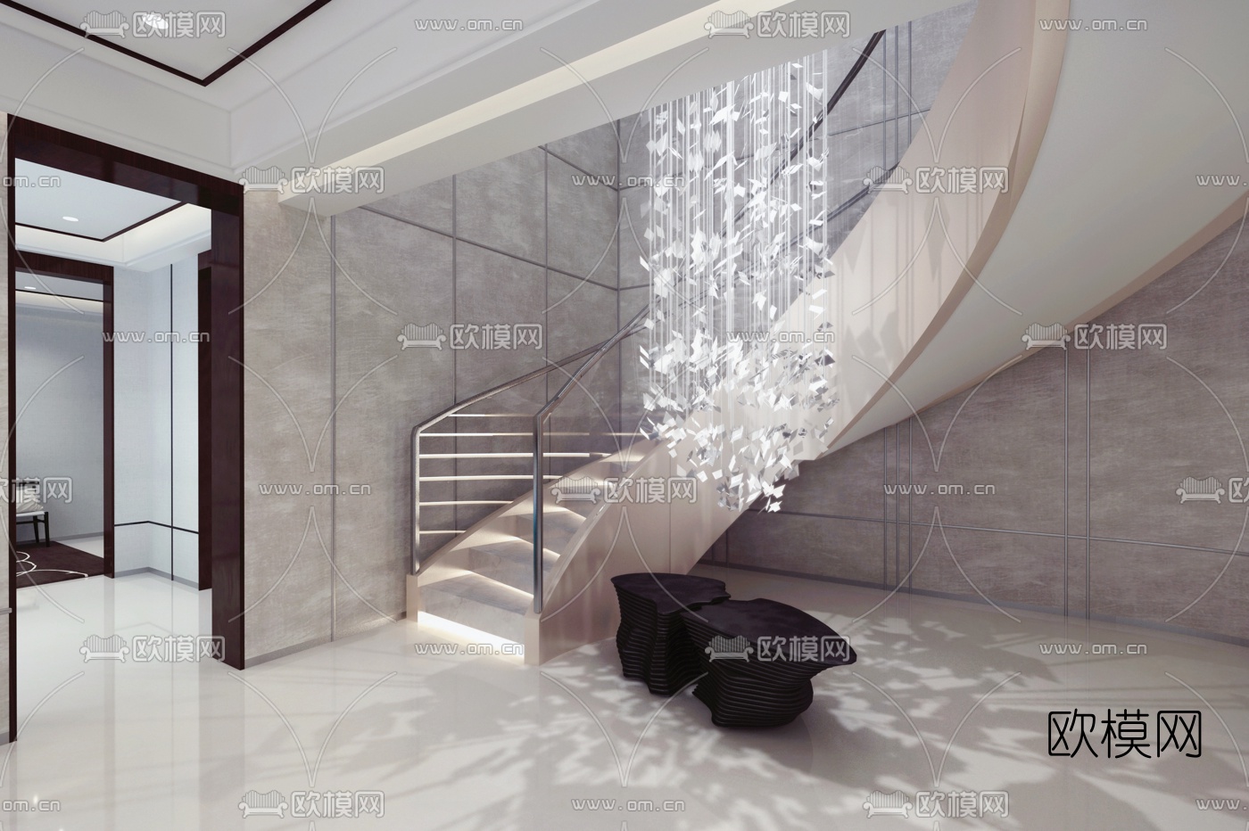 HWCD设计 新中式轻奢旋转楼梯3d模型下载