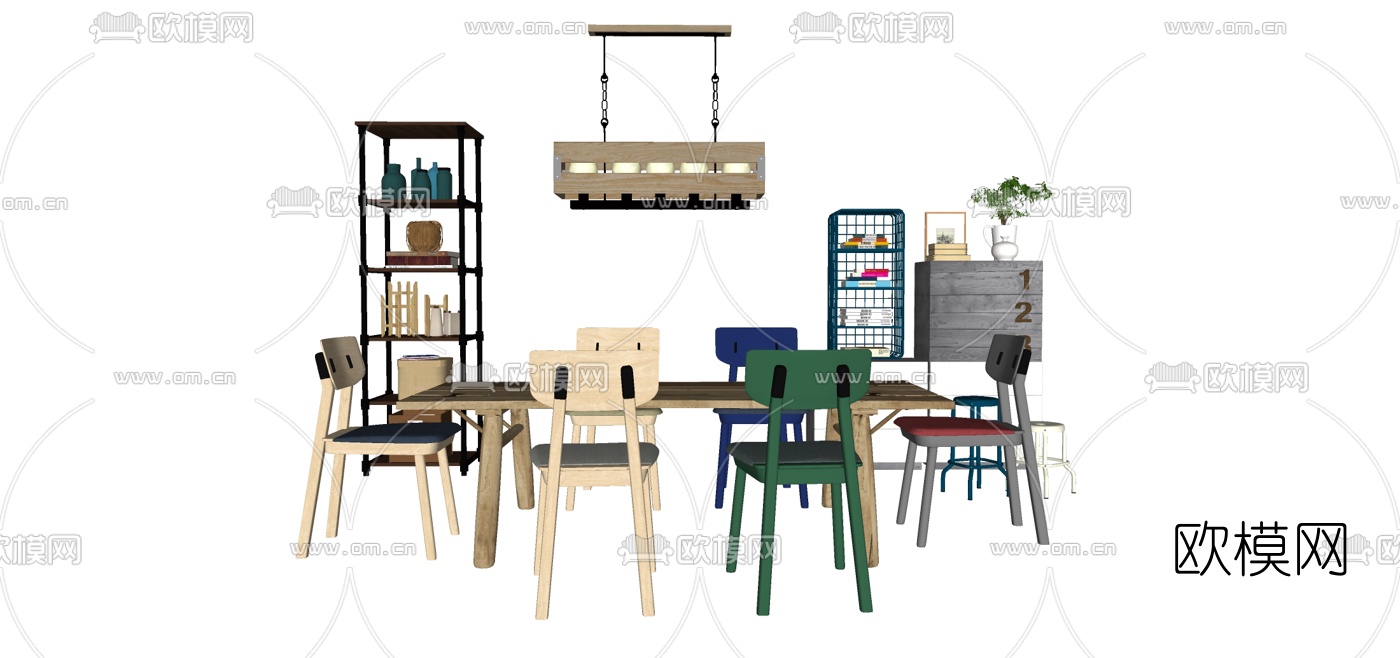 北欧实木餐桌椅组合su模型下载