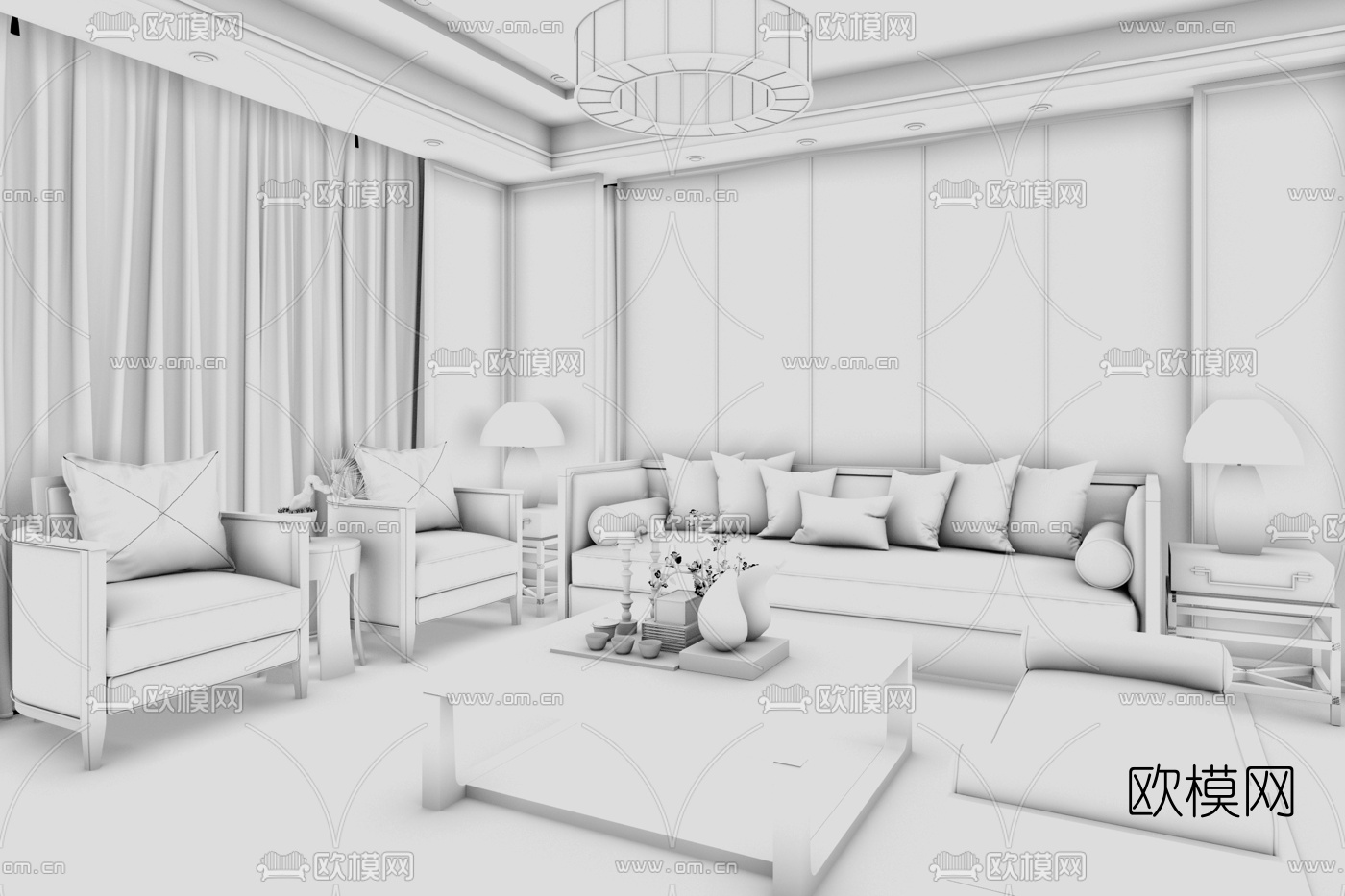 牧笛设计 中式客厅沙发组合3D模型下载（渲染图4）