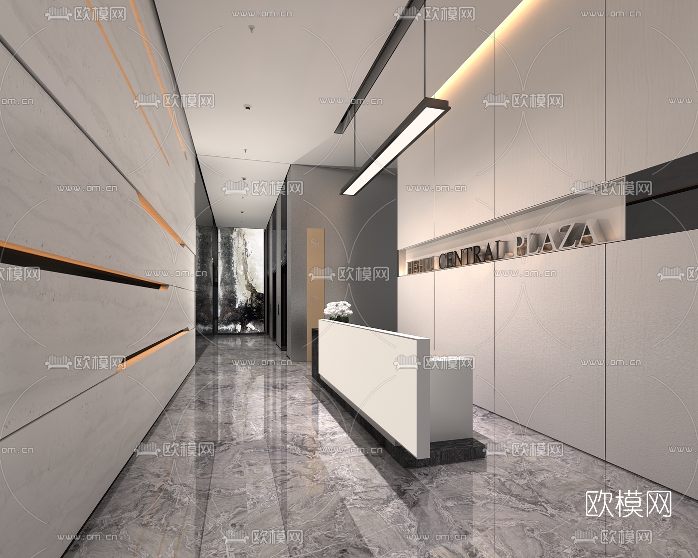 现代前台走廊过道电梯厅组合3D模型-免费3dmax模型库-欧模网