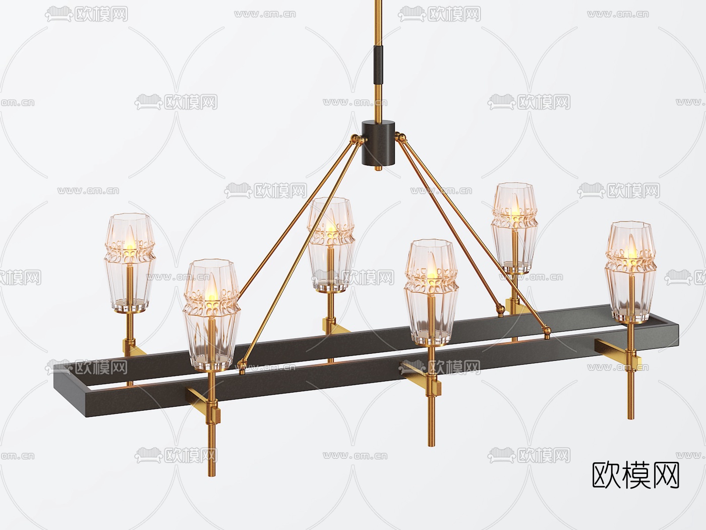 美式金属多头吊灯组合3d模型下载（渲染图2）