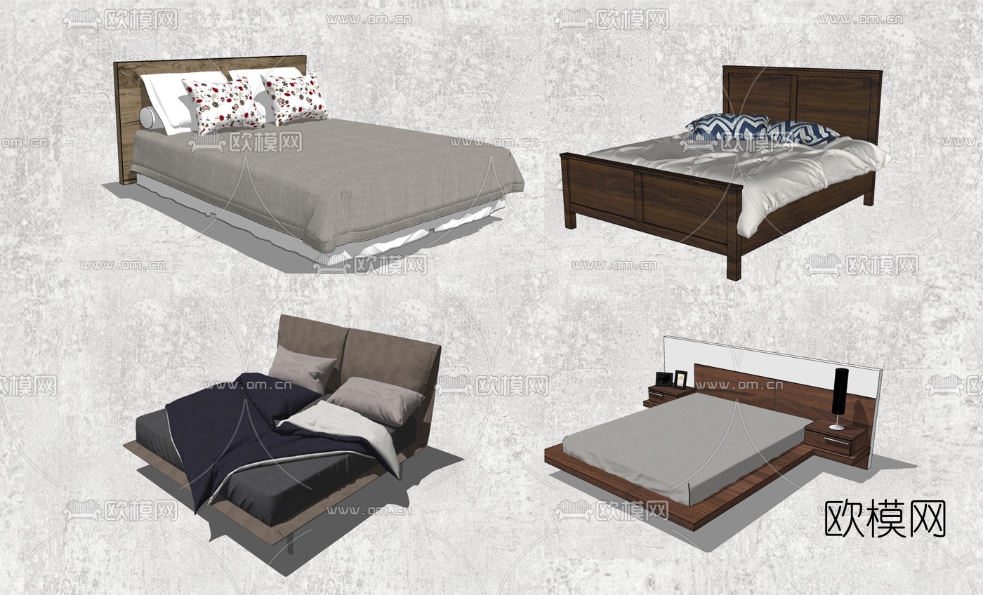 现代双人床组合su模型下载（渲染图2）