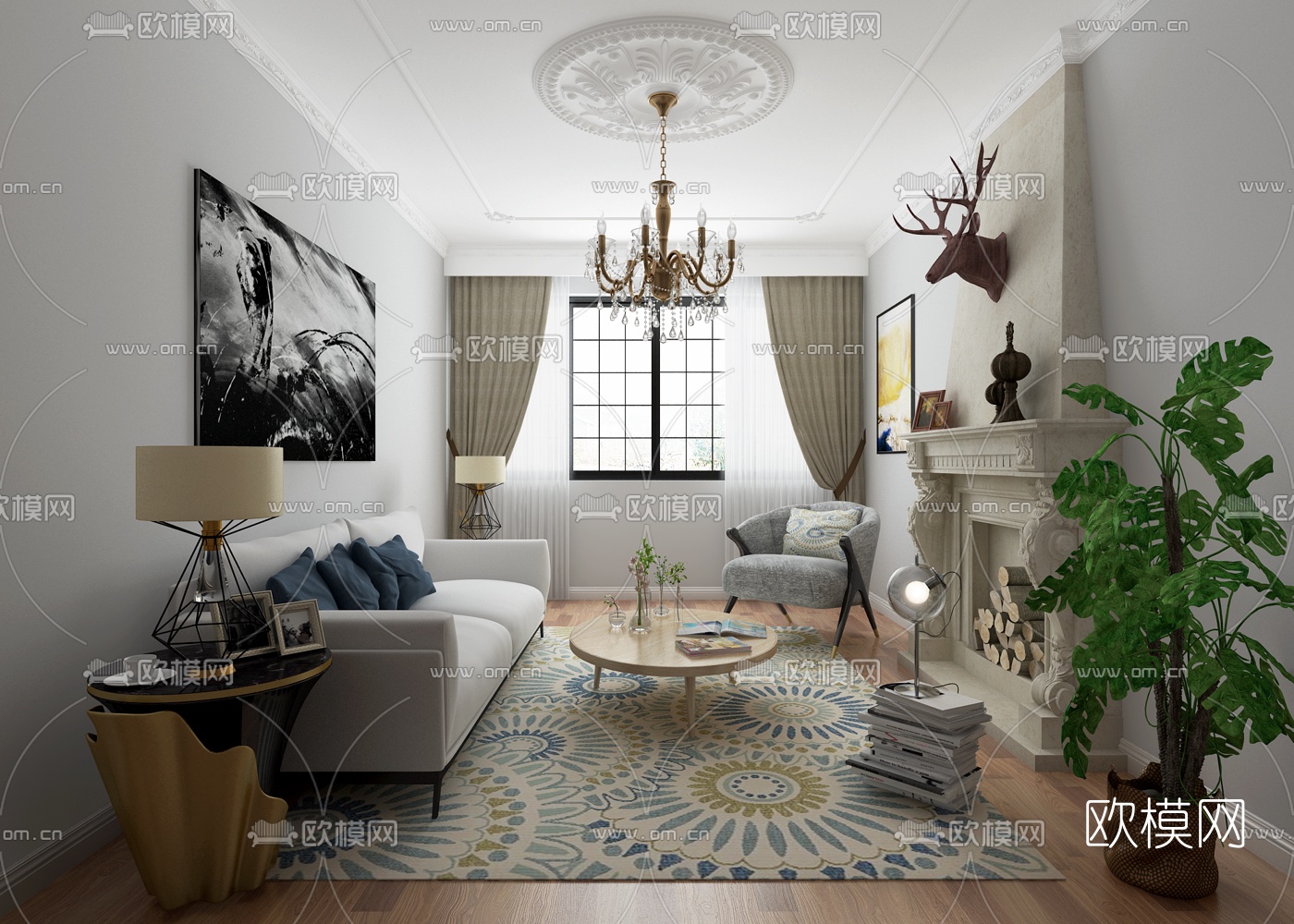 欧式客厅3D模型下载
