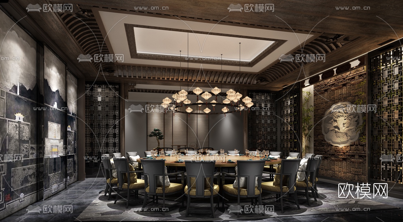 新中式餐厅包房3d模型-免费3dmax模型库-欧模网
