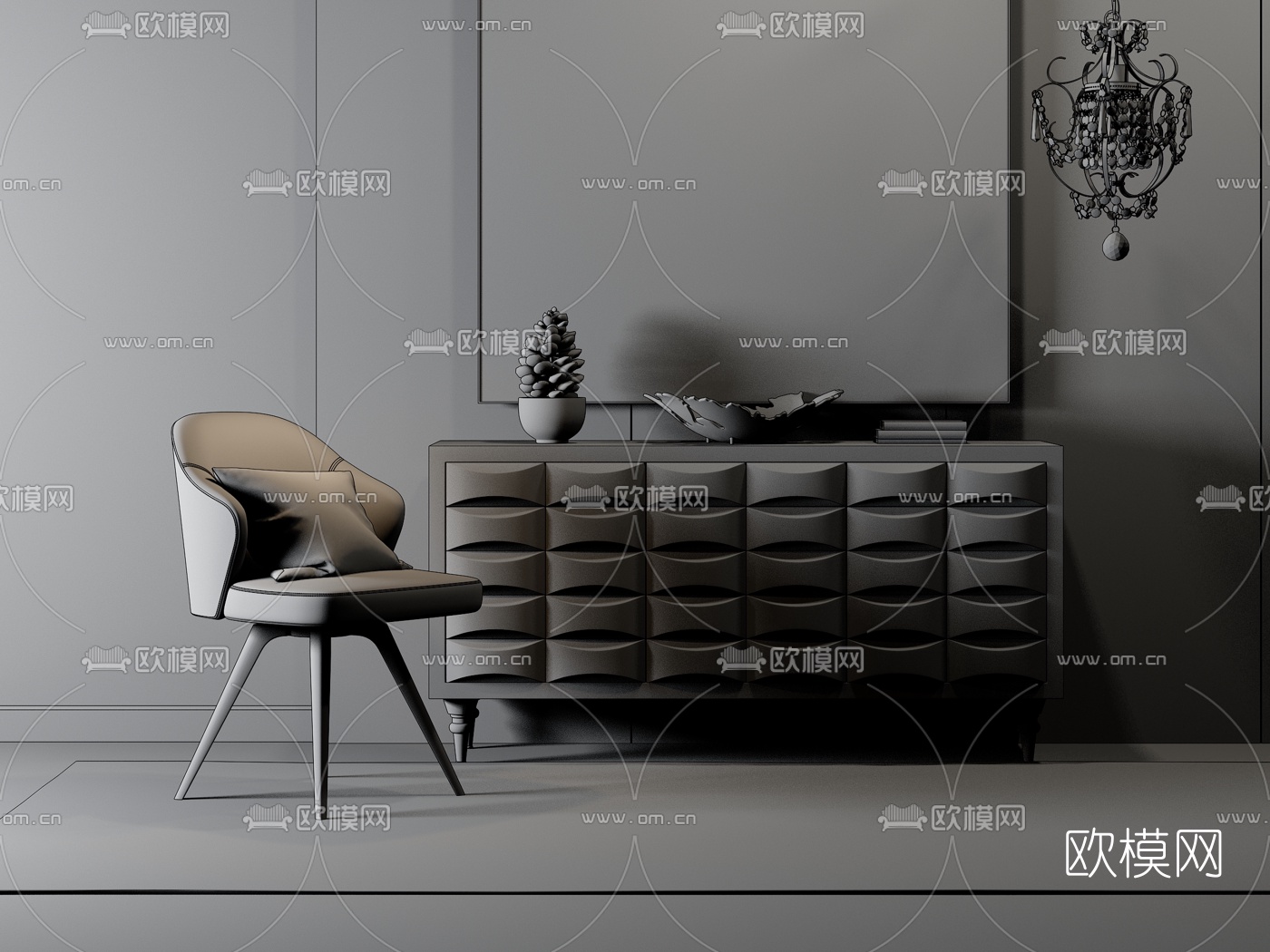 北欧端景休闲椅装饰画组合3D模型下载（渲染图2）