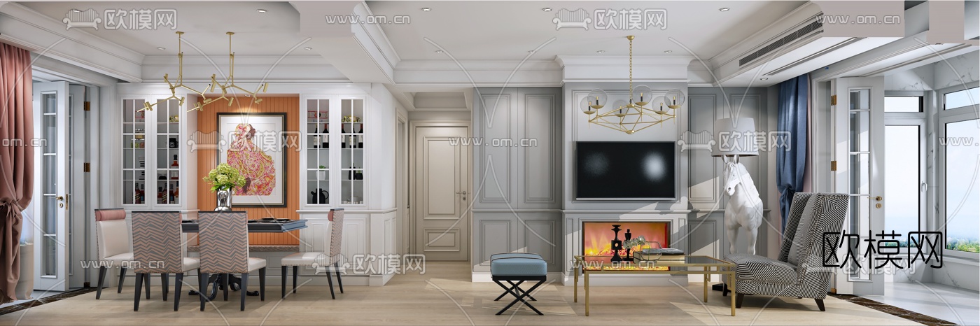 简欧客厅餐厅3d模型下载_ID10112402_3dmax免费模型-欧模网