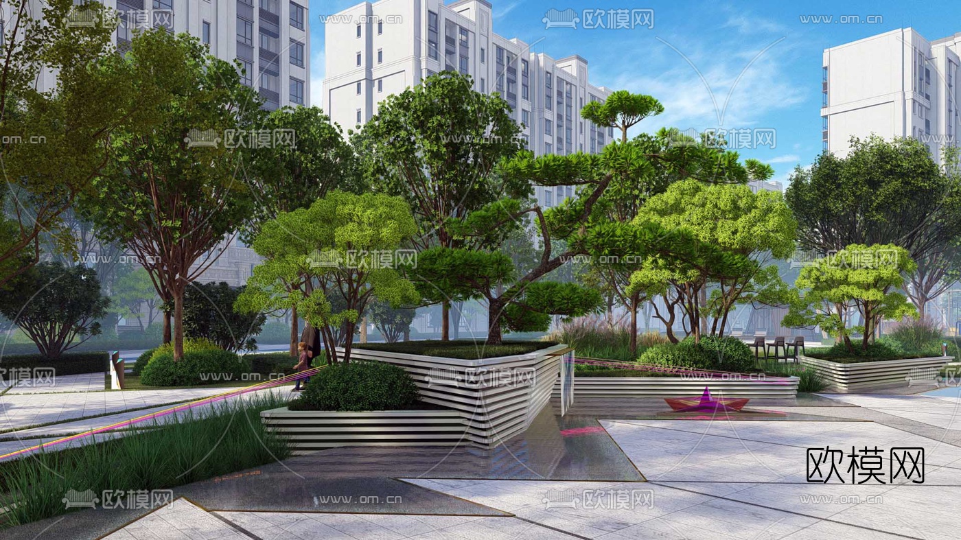 现代小区园林景观su模型下载（渲染图2）