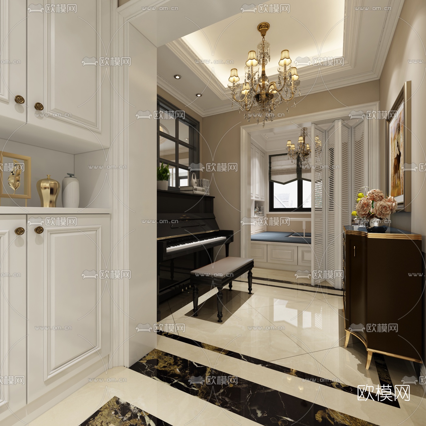 简欧客厅餐厅3D模型下载（渲染图3）