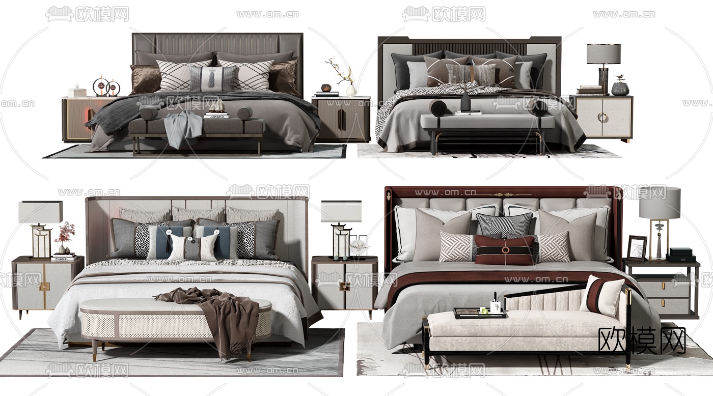 新中式布艺双人床su模型下载（渲染图2）