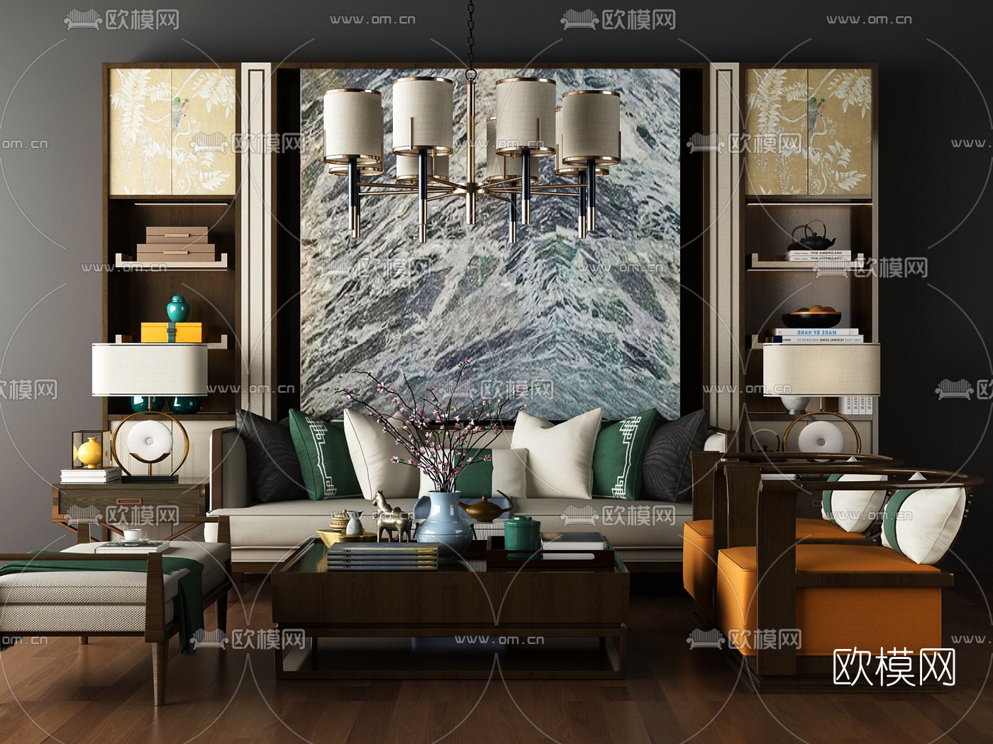 新中式布艺组合沙发3D模型-免费3dmax模型库-欧模网