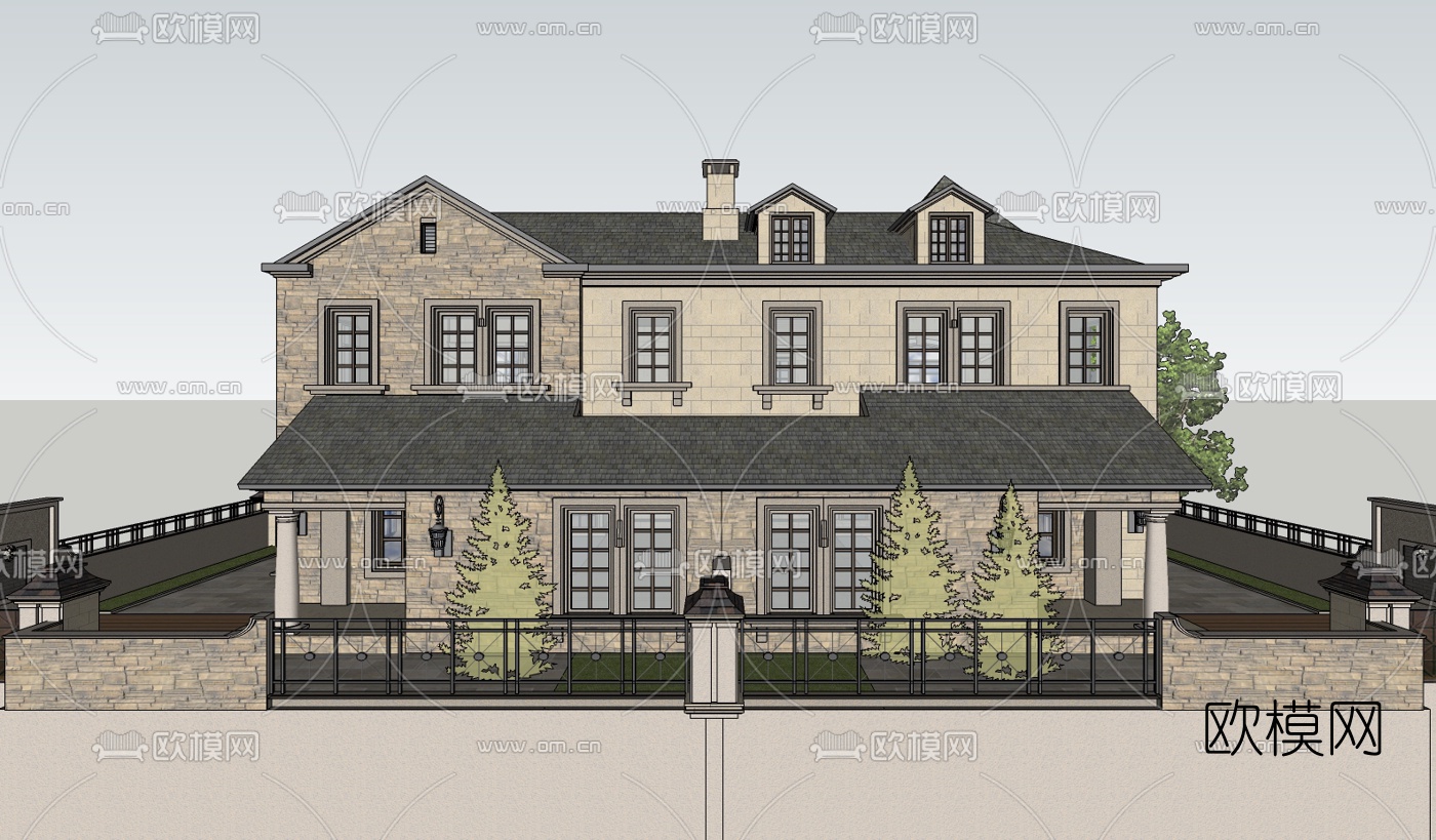 欧式独栋别墅su模型下载（渲染图3）