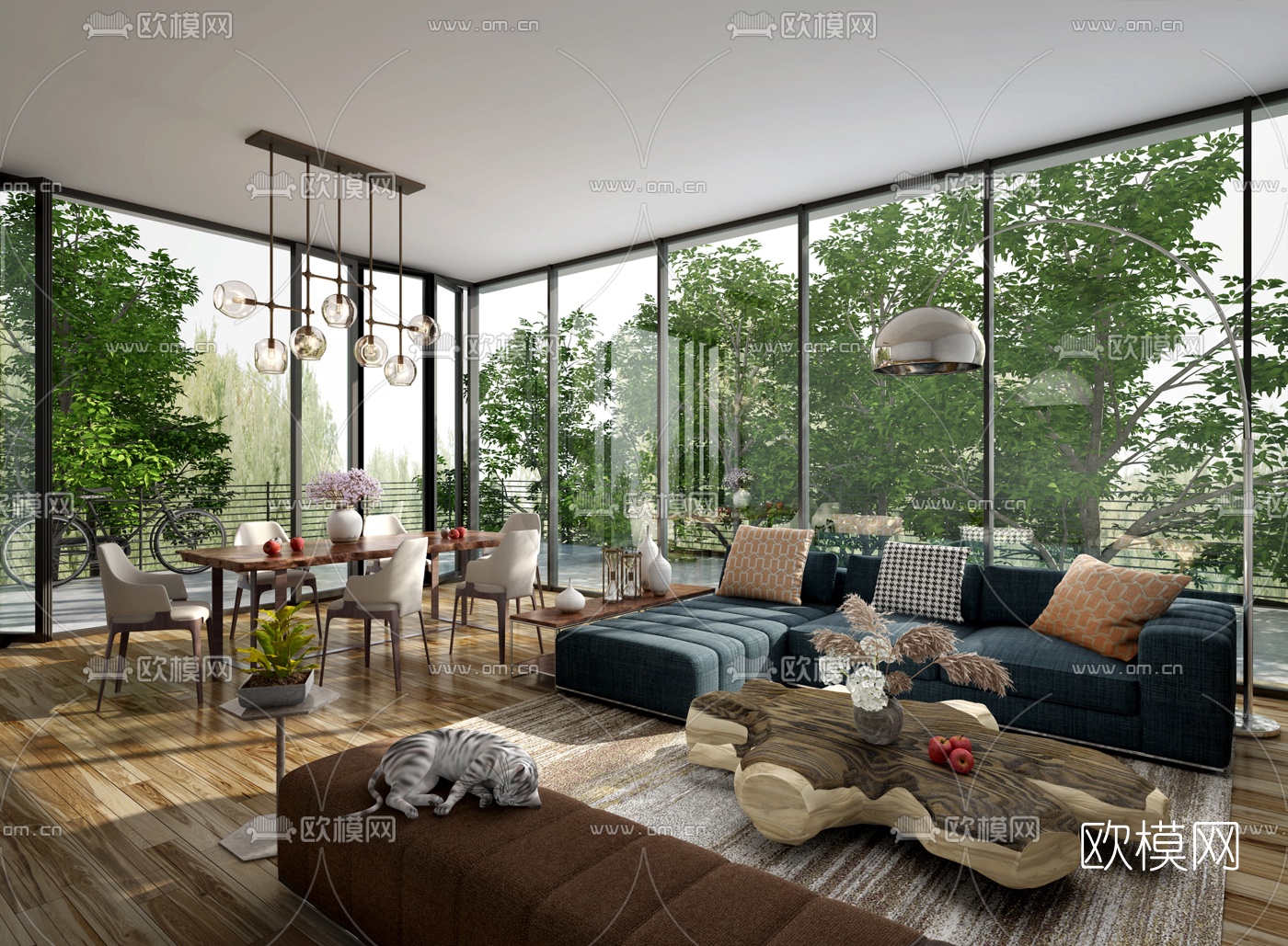 现代客厅餐厅3d模型下载（渲染图1）