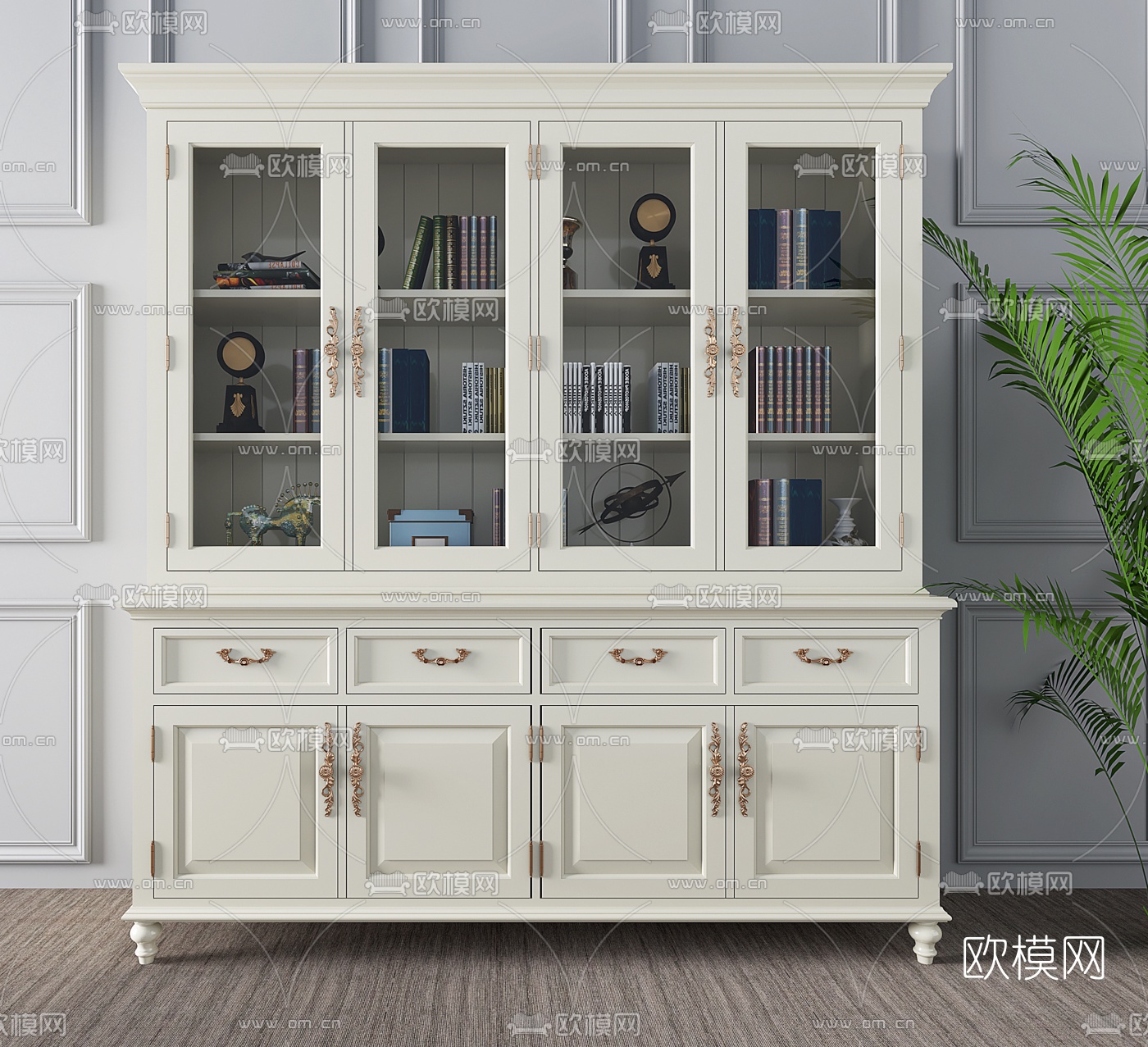 美式实木书柜摆件组合3D模型下载