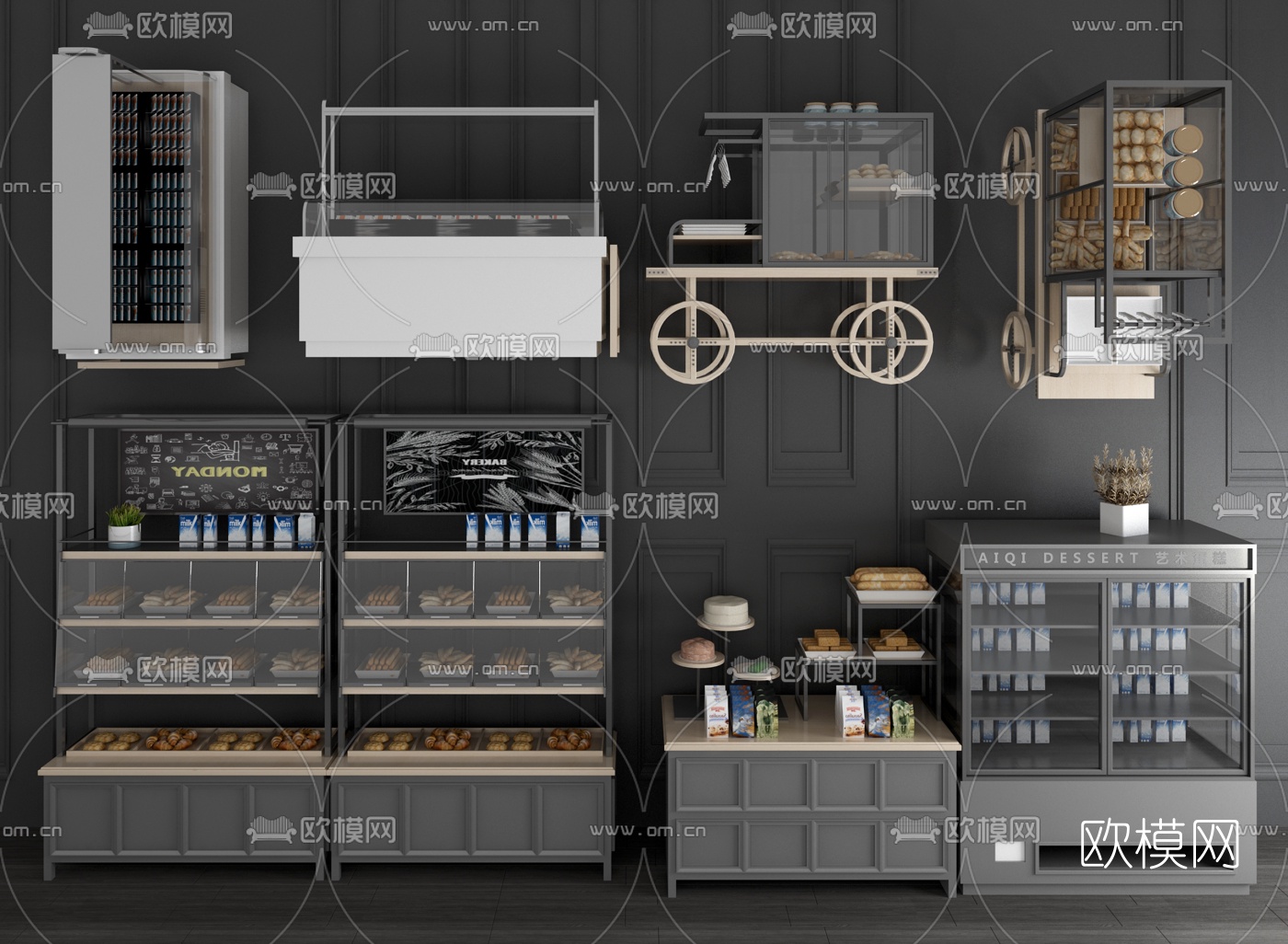工业风牛奶面包保鲜柜组合3d模型下载
