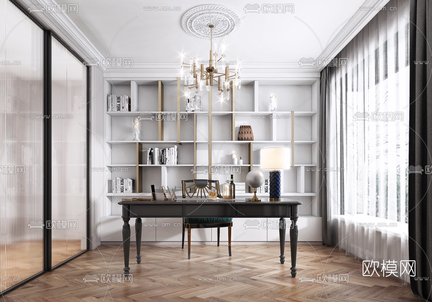 美式书房3d模型下载（渲染图1）